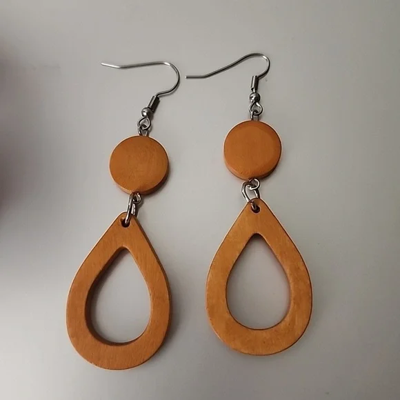Wood disc Dangle Tear Drop cut out Boho Earrings 925S Sterling Posts - Picture 1 of 5